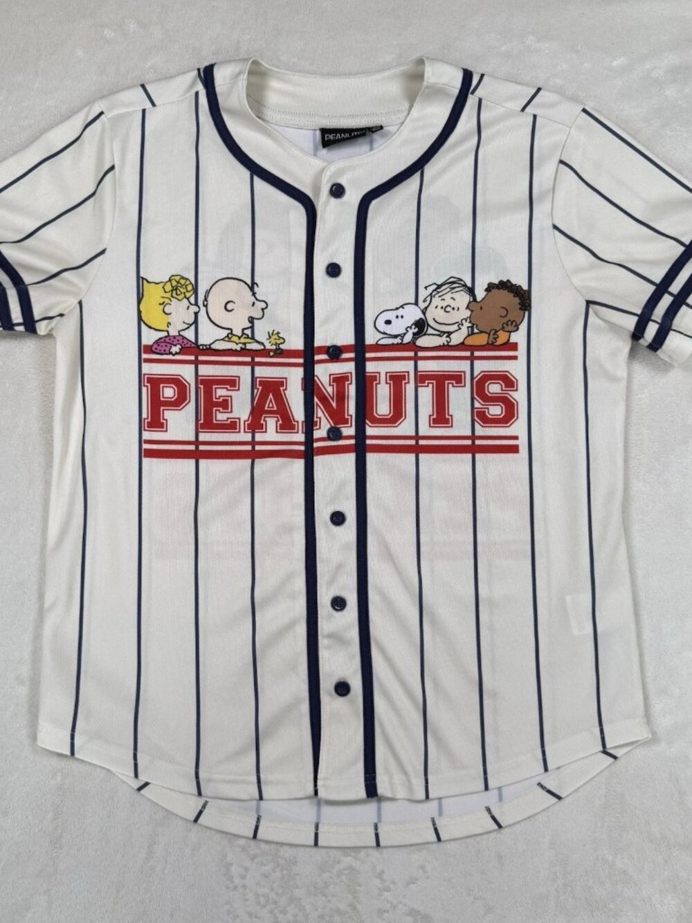 Peanuts Gang Pinstripe Baseball Jersey Shirt Large Off White
